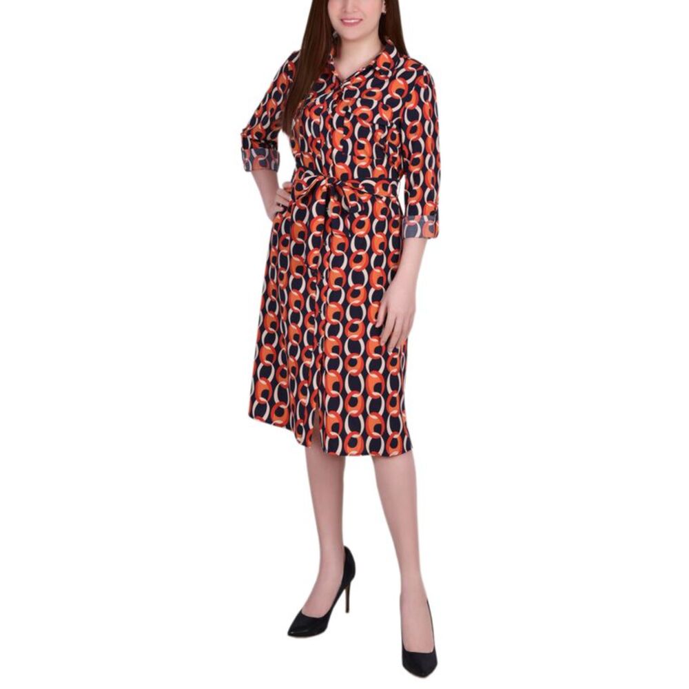 NY Collection Petite Printed Long Sleeve Roll Tab Shirtdress